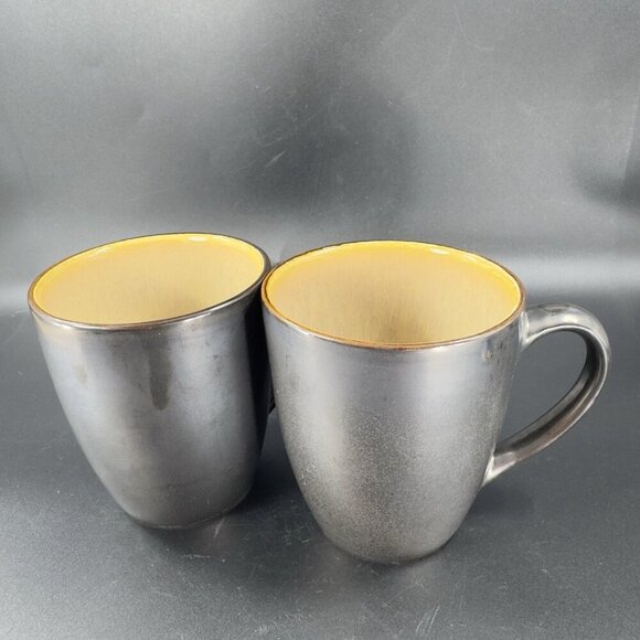 MIKASA Gourmet Basics Linden Stoneware Coffee Mug Cup Black Embossed Brown Set 2 - Picture 9 of 10